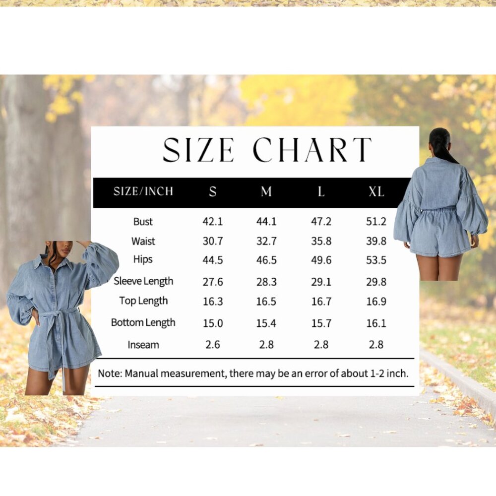 NEW Lantern Sleeve Denim Romper - Elastic Waist Tie Front Short Deep Denim - L - Picture 10 of 10